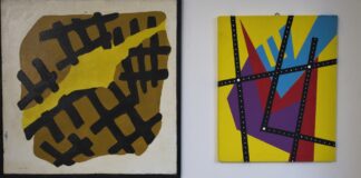 A sinistra :“Griglie” (1983) – Tecnica mista su carta, cm 60x60 di Ernesto Saquella