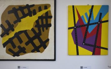 A sinistra :“Griglie” (1983) – Tecnica mista su carta, cm 60x60 di Ernesto Saquella